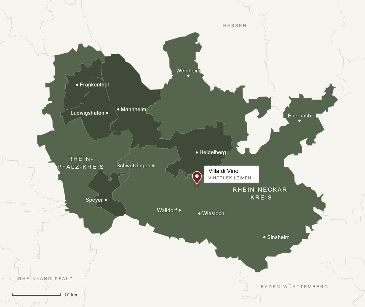 Karte des Rhein-Neckar-Kreises und des Rhein-Pfalz-Kreises mit Heidelberg, Mannheim, Ludwigshafen, Speyer und der Villa di Vino in Leimen